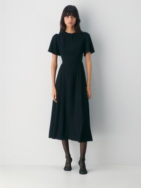 Aritzia Wilfred Classic Black Midi Dress with Short Flutter Sleeves